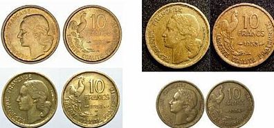 Frankreich: 10 Francs 1950,1951,1953,1954, Erhaltung: sehr gut, Bronze-Aluminium, 3 g