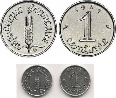 France Frankreich: 1 Centimes 1964 oder 1967, wie neu, Stahl, Gewicht: 1,7 Gr., 15 mm