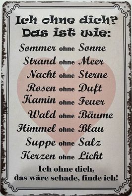 Blechschild 30 X 20 cm Spruch: Ich ohne Dich? Das ist wie: