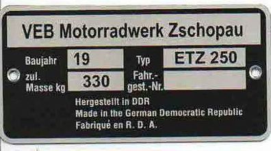 Typenschild MZ, ETZ 250 Motorrad, Ost Oldtimer, DDR Klassiker