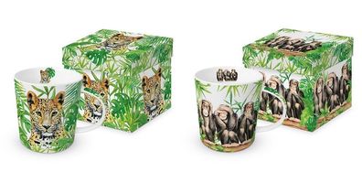 1 Kaffeebecher, Leopard oder Affen mit Geschenkbox, Henkelbecher Tasse Tiere Tier