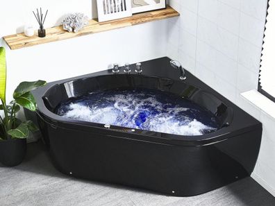 Luxus Whirlpool Badewanne schwarz 140 x 140 cm mit 12 Massage Düsen Armaturen LED Bad