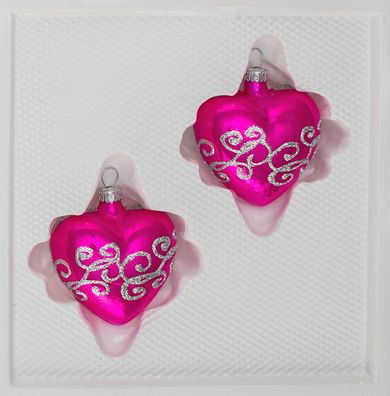 2 tlg. Glas-Herzen Set in "Hochglanz-Pink-Silberne-Ornamente
