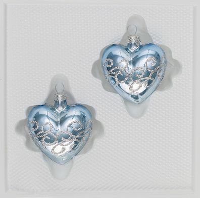 2 tlg. Glas-Herzen Set in "Hochglanz-Blau-Silberne-Ornamente“