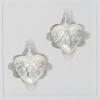 2 tlg. Glas-Herzen Set in Hochglanz-Weiss-Silberne-Ornamente