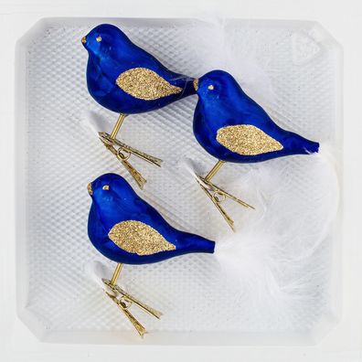 3 tlg. Glas Vogel Set in "Ice Royal Blau Gold"