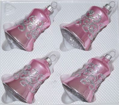 4 tlg. Glas-Glocken Set in Hochglanz-Rosa-Silberne-Ornamente