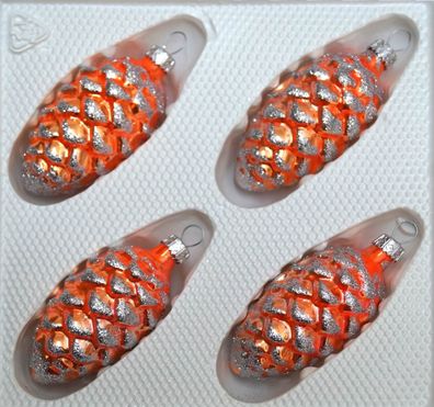4 tlg. Glas-Tannenzapfen Set in "Hochglanz-Orange-Silberne-Ornamente