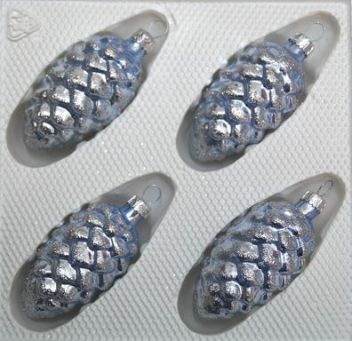 4 tlg. Glas-Tannenzapfen Set in Hochglanz-Blau-Silberne-Ornamente