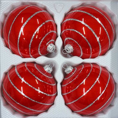 4 tlg. Glas-Weihnachtskugeln Set 8cm Ø in "Hochglanz Rot Candy" Silberne Spiralen