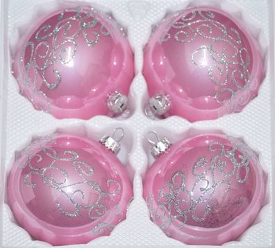 4 tlg. Glas-Weihnachtskugeln Set 8cm Ø in "Hochglanz Rosa" Silberne Ornamente