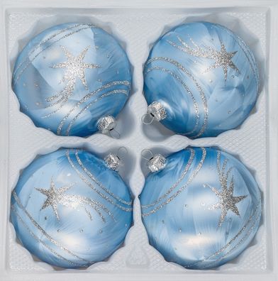 4 tlg. Glas-Weihnachtskugeln Set 8cm Ø in Ice Blau Silber Komet