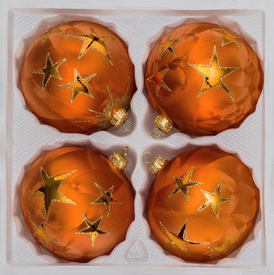 4 tlg. Glas-Weihnachtskugeln Set 8cm Ø in "Ice Orange Gold" Goldener Stern