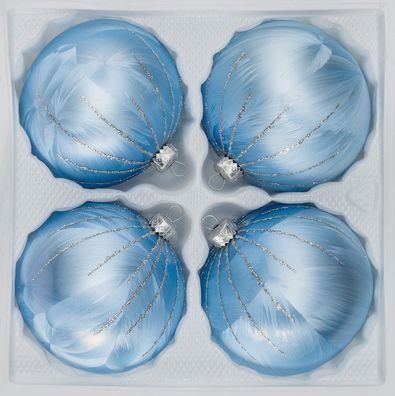 4 tlg. Glas-Weihnachtskugeln Set 8cm Ø in Ice Blau Silber Regen