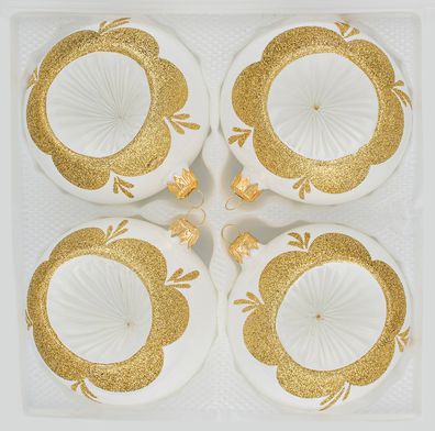 4 tlg. Glas-Weihnachtskugeln Set 8cm Ø in "Vintage Classic Weiss Gold"