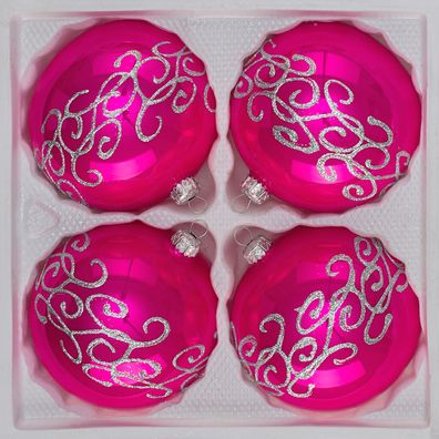 4 tlg. Glas-Weihnachtskugeln Set 10cm Ø in "Hochglanz-Pink-Silberne-Ornamente"