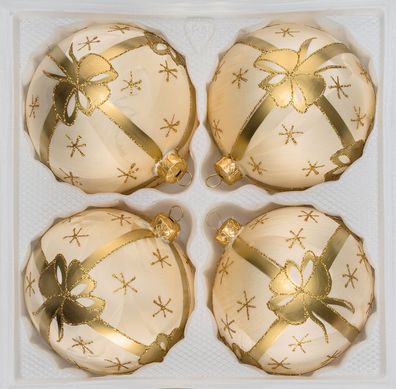 4 tlg. Glas-Weihnachtskugeln Set 12cm Ø in "Ice Champagner Goldene Schleife"