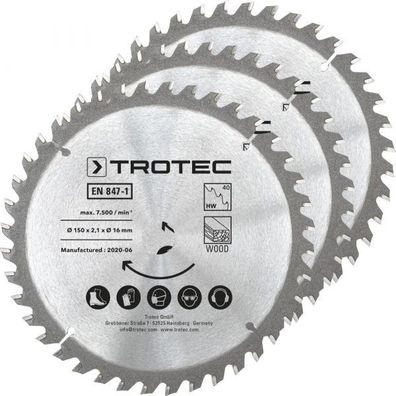 TROTEC Holzkreissägeblätter-Set Ø 150 mm (40 Zähne), 3-teilig Carbonstahl Kreissäge