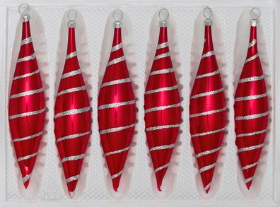 6 tlg. Glas-Zapfen Set in Hochglanz Rot Candy Silberne-Spiralen