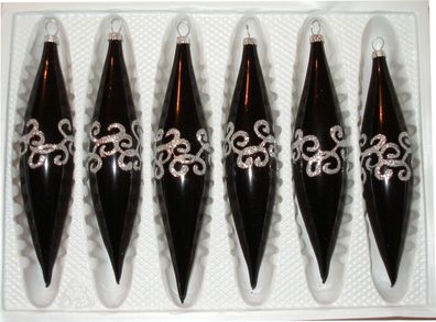6 tlg. Glas-Zapfen Set in "Hochglanz-Schwarz-Silberne-Ornamente-Gothic"