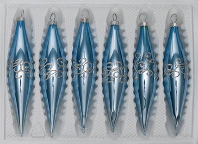 6 tlg. Glas-Zapfen Set in "Hochglanz-Blau-Silberne-Ornamente“