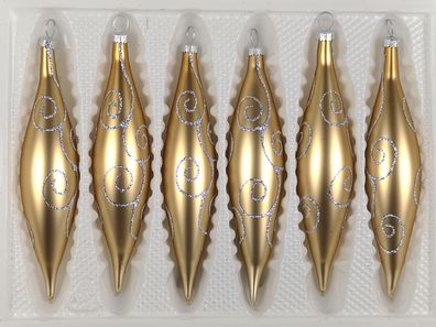 6 tlg. Glas-Zapfen Set in Classic Gold Silberne Ornamente