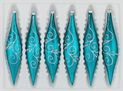 6 tlg. Glas-Zapfen Set in "Ice Petrol-Türkis Silberne Ornamente"