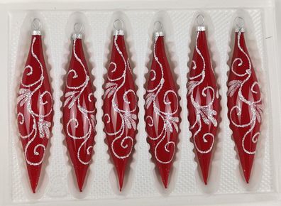 6 tlg. Glas-Zapfen Set in Hochglanz Modern Rot Weisse Ornamente