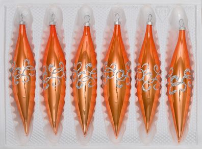 6 tlg. Glas-Zapfen Set in "Hochglanz-Orange-Silberne-Ornamente“