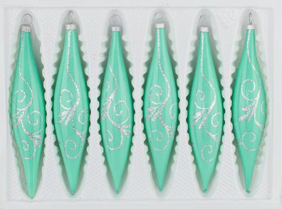 6 tlg. Glas-Zapfen Set in Hochglanz Modern Mint Silberne Ornamente