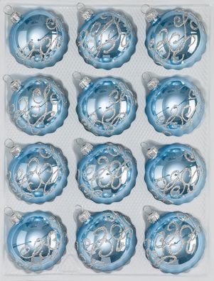 12 tlg. Glas-Weihnachtskugeln Set in "Hochglanz-Blau-Silberne-Ornamente“