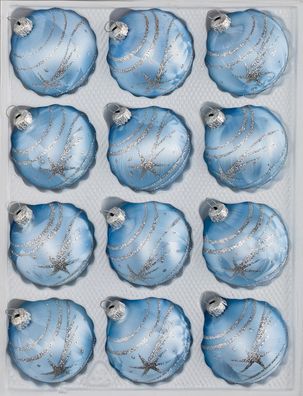 12 tlg. Glas-Weihnachtskugeln Set in Ice Blau Silber Komet