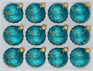 12 tlg. Glas-Weihnachtskugeln Set in "Ice Petrol-Türkis Goldene Ornamente"