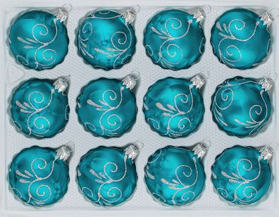 12 tlg. Glas-Weihnachtskugeln Set in "Ice Petrol-Türkis Silberne Ornamente"