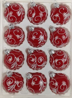 12 tlg. Glas-Weihnachtskugeln Set in Hochglanz Modern Rot Weisse Ornamente