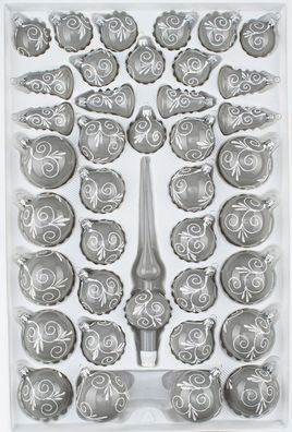 39 tlg. Glas-Weihnachtskugeln Set in Hochglanz Modern Grau Weisse Ornamente