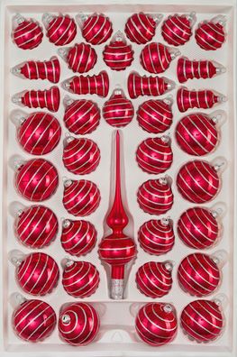 39 tlg. Glas-Weihnachtskugeln Set in Hochglanz Rot Candy Silberne-Spiralen
