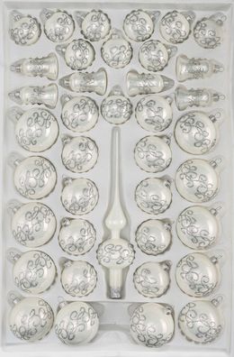 39 tlg. Glas-Weihnachtskugeln Set in Hochglanz-Weiss-Silberne-Ornamente