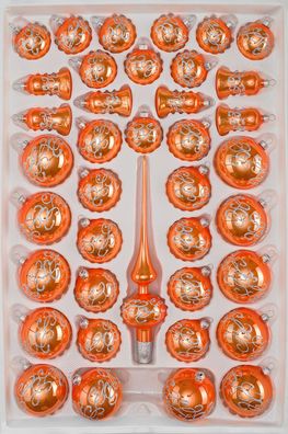 39 tlg. Glas-Weihnachtskugeln Set in "Hochglanz-Orange-Silberne-Ornamente