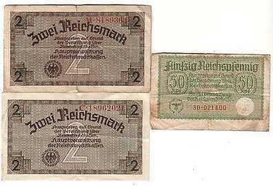 3 Banknoten 2 x 2 Mark und 50 Pfennig Reichskreditkassen