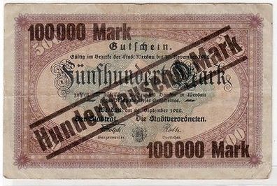 100000 Mark Banknote Stadt Werdau 1923 Überdruck auf 500 Mark 1922