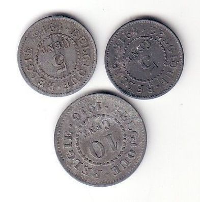 3 x Zink Münzen 5 und 10 Cent Besetzung Königreich Belgien im 1. Weltkrieg 1916