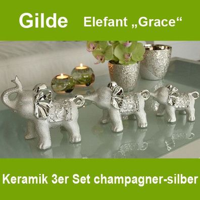 Gilde Deko Trio Elefant Grace 3er Set champagner silber Keramik Tier Figur NEU