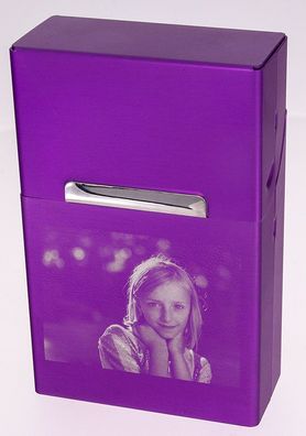 Zigarettenbox Aluminium lila mit Fotogravur