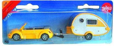 Spielzeug PKW VW Beetle Cabrio gelb mit Wohnwagen für Kids SIKU 1:48 67122fo NEU