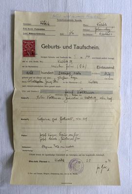 5 Korun Geburts und Taufschein Josef Volkmer Waldek Freiwaldau Mähren Schlesien 1936