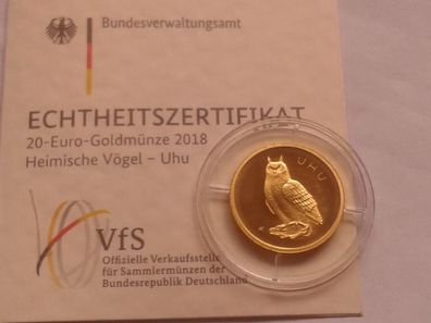 Original 20 euro 2018 A Berlin 1/8 Unze Gold Deutschland Heimische Vögel Uhu 3,89g Au