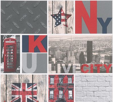 A.S. Création Tapete Rot UK NY New York Papier 955961 Wandtapete City Stuktur