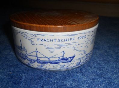 schöne alte Keramikdose mit Holzdeckel -Schiffe Muster
