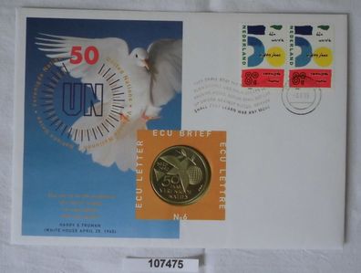 schöner Numisbrief ECU Niederlande 1995 50 Jahre vereinte Nationen in TOP Nr.6
